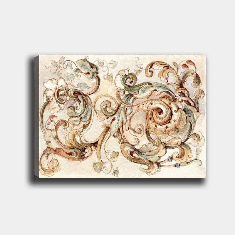 Canvastavla 70x100 cm - Elegant och detaljerad ornamentik med snurrande former och blommiga inslag, Grön / Beige / Brun