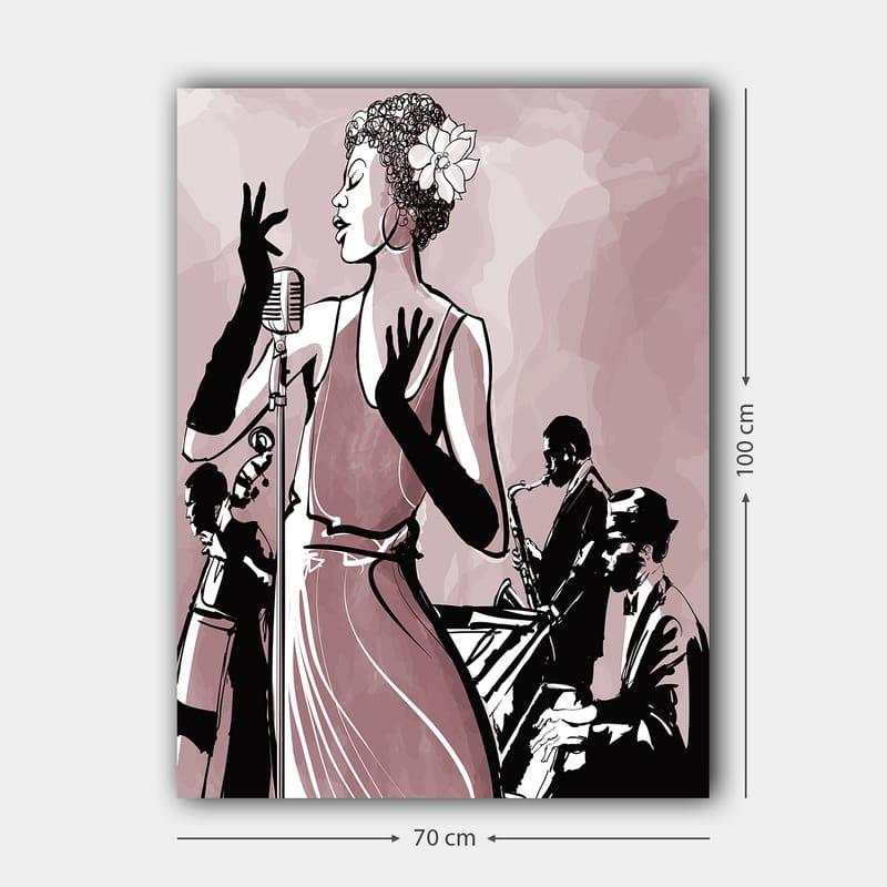 Canvastavla 70x100 cm - Elegant sångerska i fokus, omgiven av musiker som skapar en jazzig atmosfär - Mörk rosa / Svart / Vit - Inredning & dekor - Tavlor & konst - Canvastavla