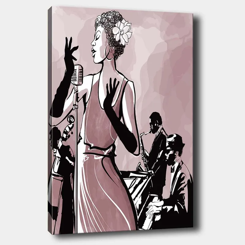 Canvastavla 70x100 cm - Elegant sångerska i fokus, omgiven av musiker som skapar en jazzig atmosfär, Mörk rosa / Svart / Vit