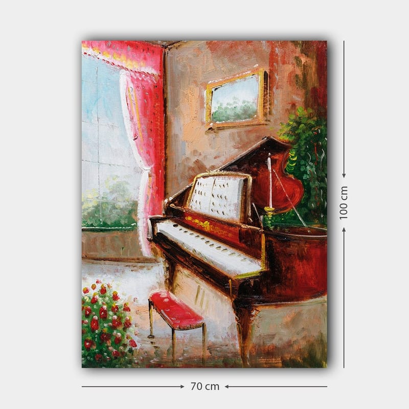 Canvastavla 70x100 cm - Elegant pianohörna med en röd piano och en bänk i en ljus och inbjudande miljö - Röd / Grön / Beige - Inredning & dekor - Tavlor & konst - Canvastavla