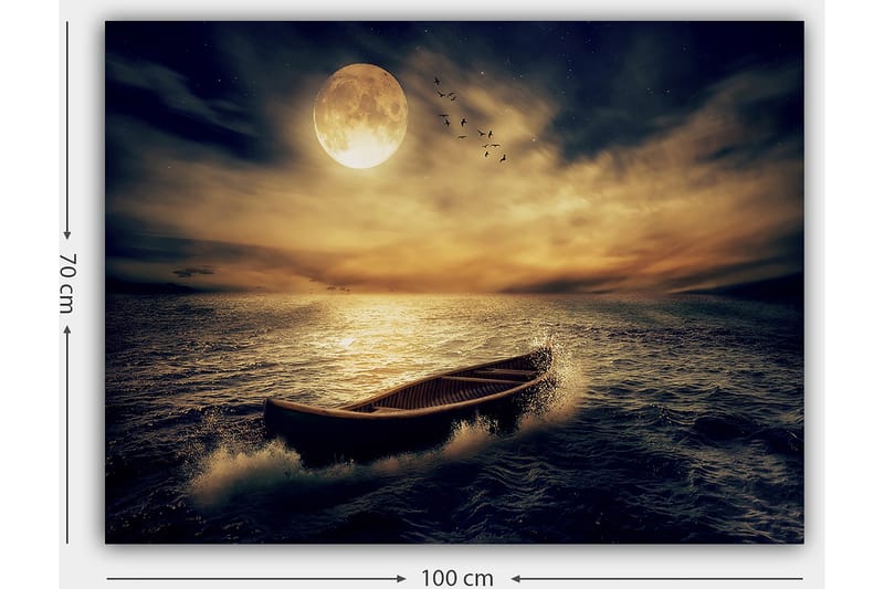 Canvastavla 70x100 cm - Ensam båt glider fram över en spegelblanka sjö under en stor, lysande måne - Mörkblå / Gyllene / Grå - Inredning & dekor - Tavlor & konst - Canvastavla