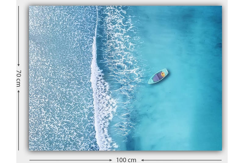 Canvastavla 70x100 cm - Ensam båt på ett klart, turkost hav med vita vågor som rullar in mot stranden - Turkos / Vit - Inredning & dekor - Tavlor & konst - Canvastavla