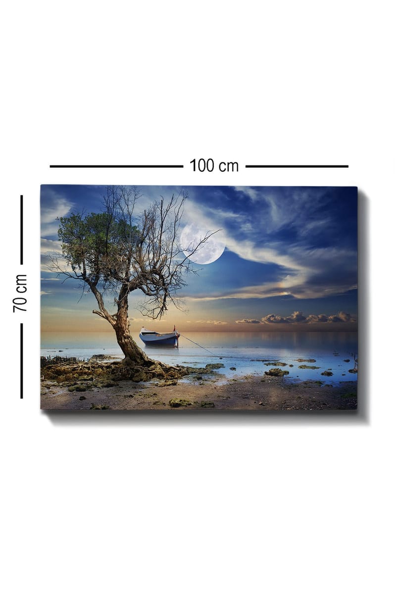 Canvastavla 70x100 cm - Enslig, död trädstam vid en stilla vattenyta med en båt i bakgrunden under en stjärnklar himmel - Blå / Grön / Beige - Inredning & dekor - Tavlor & konst - Canvastavla