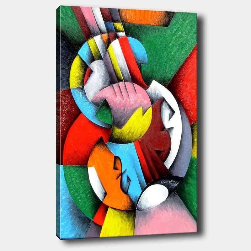 Canvastavla 70x100 cm - Ett abstrakt konstverk med en violin som huvudmotiv, omgiven av färgglada geometriska former, Röd / Grön / Blå
