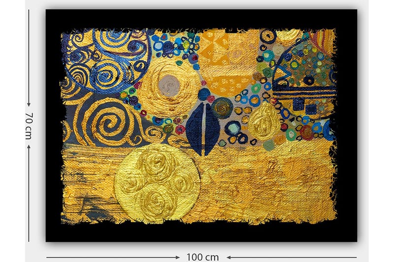 Canvastavla 70x100 cm - Ett abstrakt konstverk med gyllene cirklar och svarta spiraler som skapar en dynamisk komposition - Guld / Blå / Svart - Inredning & dekor - Tavlor & konst - Canvastavla