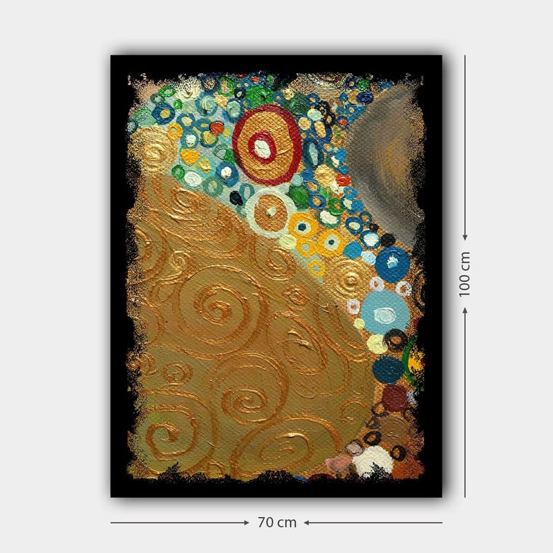 Canvastavla 70x100 cm - Ett abstrakt konstverk med gyllene spiraler och färgglada cirklar - Guld / Blå / Grön - Inredning & dekor - Tavlor & konst - Canvastavla