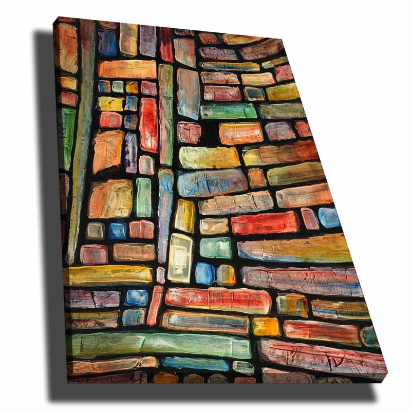 Canvastavla 70x100 cm - Ett abstrakt mönster av färgglada block som skapar en känsla av djup och struktur, Röd / Grön / Blå