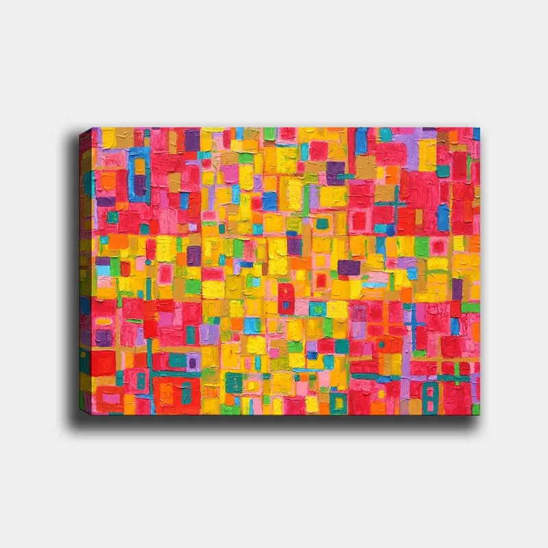 Canvastavla 70x100 cm - Ett färgglatt abstrakt mönster med kvadratiska former som skapar en livlig och energisk känsla, Röd / Gul / Grön
