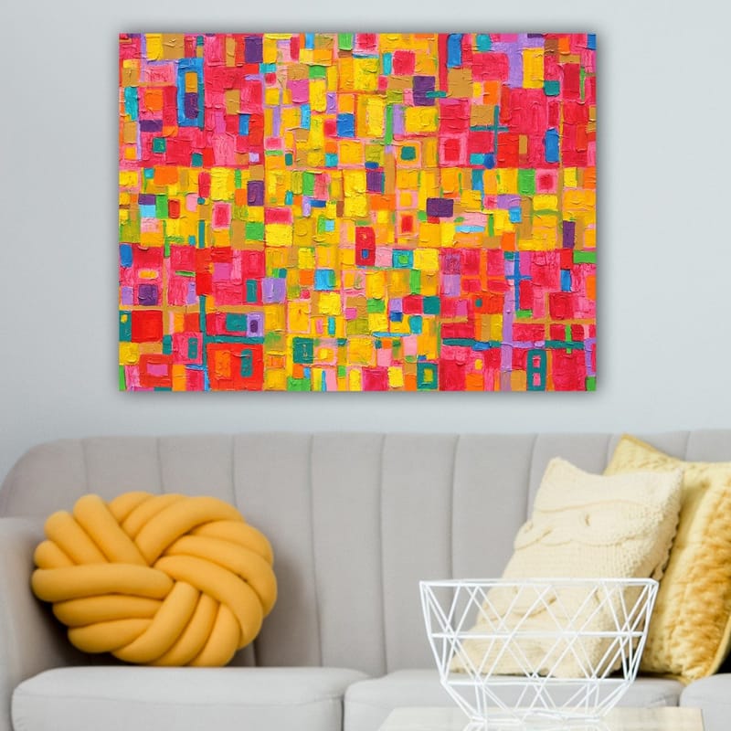 Canvastavla 70x100 cm - Ett färgglatt abstrakt mönster med kvadratiska former som skapar en livlig och energisk känsla - Röd / Gul / Grön - Inredning & dekor - Tavlor & konst - Canvastavla