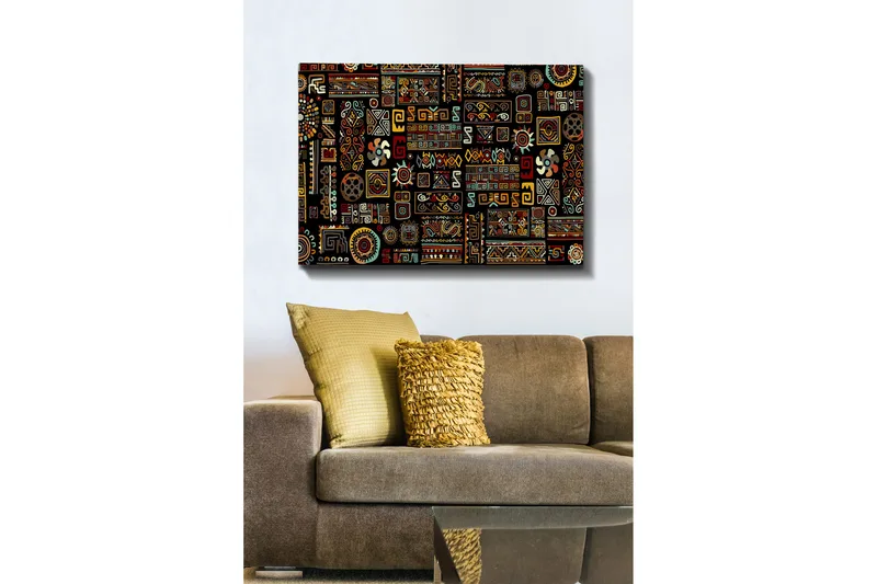 Canvastavla 70x100 cm - Ett färgglatt geometriskt mönster med symboliska inslag, Svart / Röd / Gul