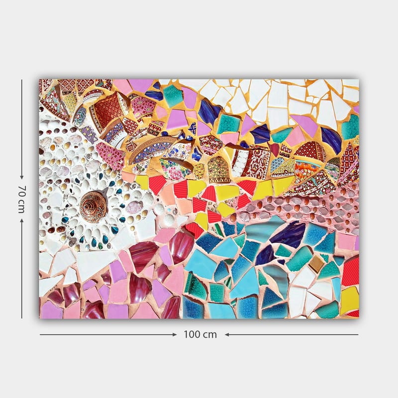 Canvastavla 70x100 cm - Ett färgglatt mosaikverk med snäckor och geometriska former som skapar en livfull komposition - Rosa / Blå / Guld - Inredning & dekor - Tavlor & konst - Canvastavla