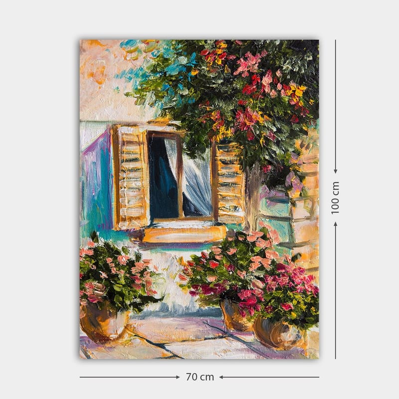 Canvastavla 70x100 cm - Ett fönster med öppna persienner omgiven av blommor i krukor - Grön / Rosa / Beige - Inredning & dekor - Tavlor & konst - Canvastavla