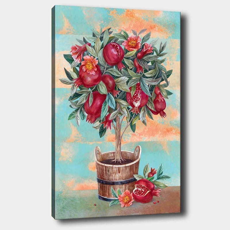 Canvastavla 70x100 cm - Ett fruktträd med granatäpplen och blommor i en träkruka, Röd / Grön / Brun