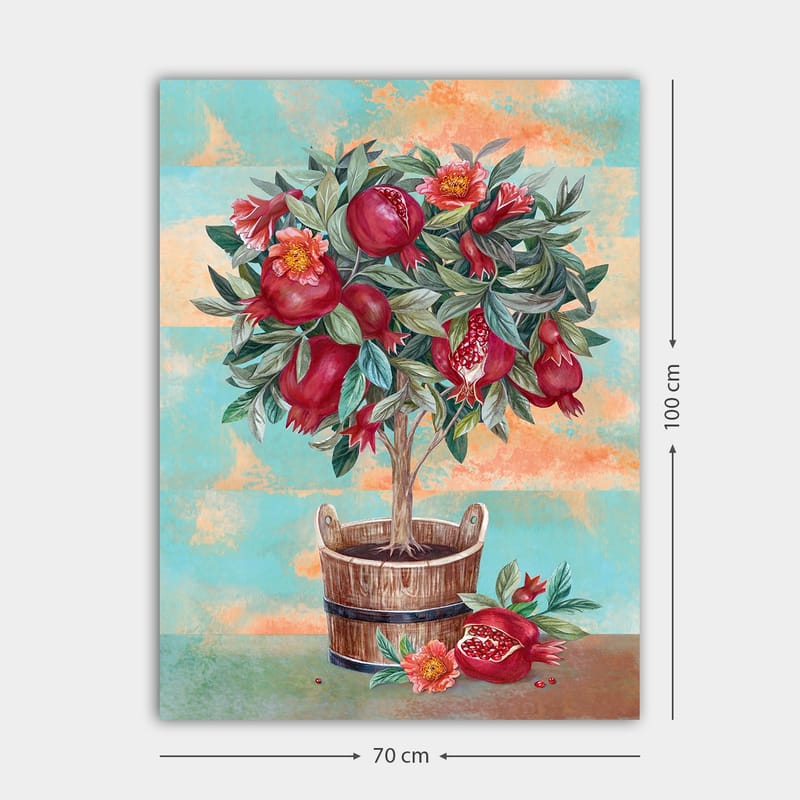 Canvastavla 70x100 cm - Ett fruktträd med granatäpplen och blommor i en träkruka - Röd / Grön / Brun - Inredning & dekor - Tavlor & konst - Canvastavla