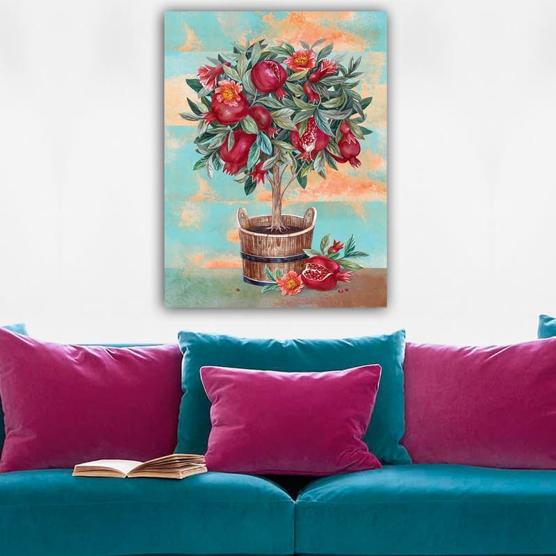 Canvastavla 70x100 cm - Ett fruktträd med granatäpplen och blommor i en träkruka - Röd / Grön / Brun - Inredning & dekor - Tavlor & konst - Canvastavla