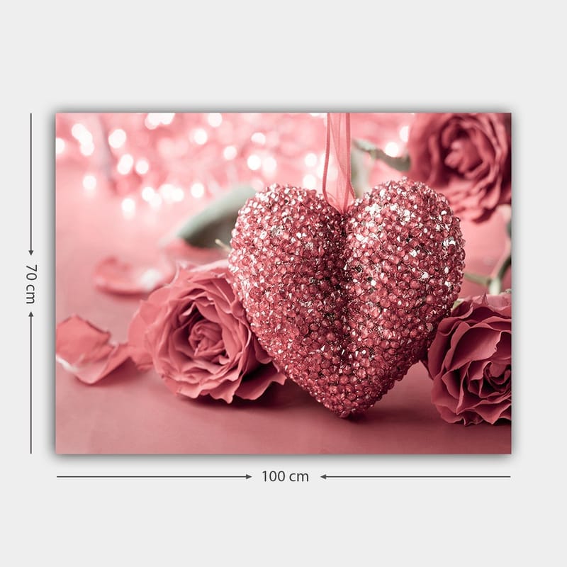 Canvastavla 70x100 cm - Ett glittrande hjärta omgiven av rosa rosor - Rosa / Mörkrosa - Inredning & dekor - Tavlor & konst - Canvastavla