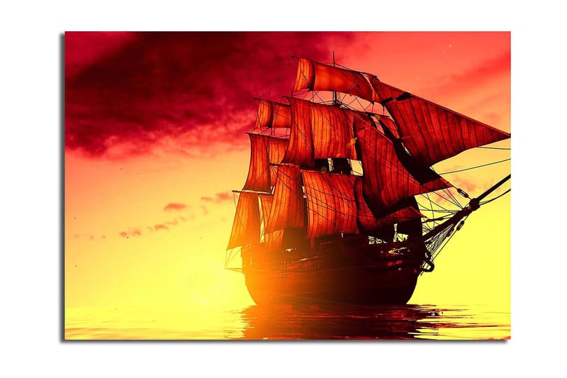 Canvastavla 70x100 cm - Ett majestätiskt segelfartyg med röda segel som navigerar genom en gyllene solnedgång - Röd / Orange / Gul - Inredning & dekor - Tavlor & konst - Canvastavla