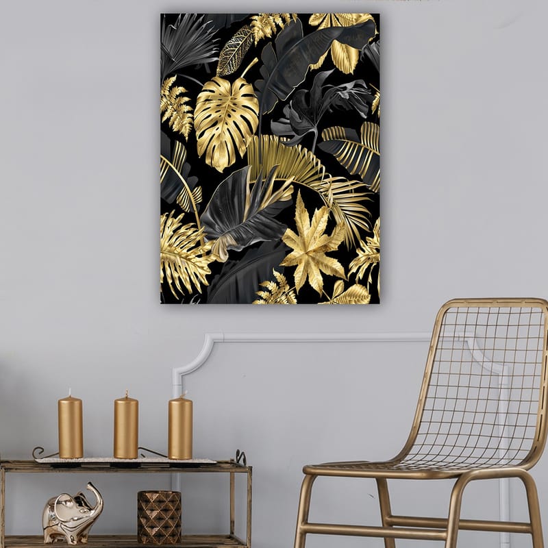 Canvastavla 70x100 cm - Ett stiliserat mönster av tropiska växter i guld och svart - Guld / Svart / Mörkgrön - Inredning & dekor - Tavlor & konst - Canvastavla