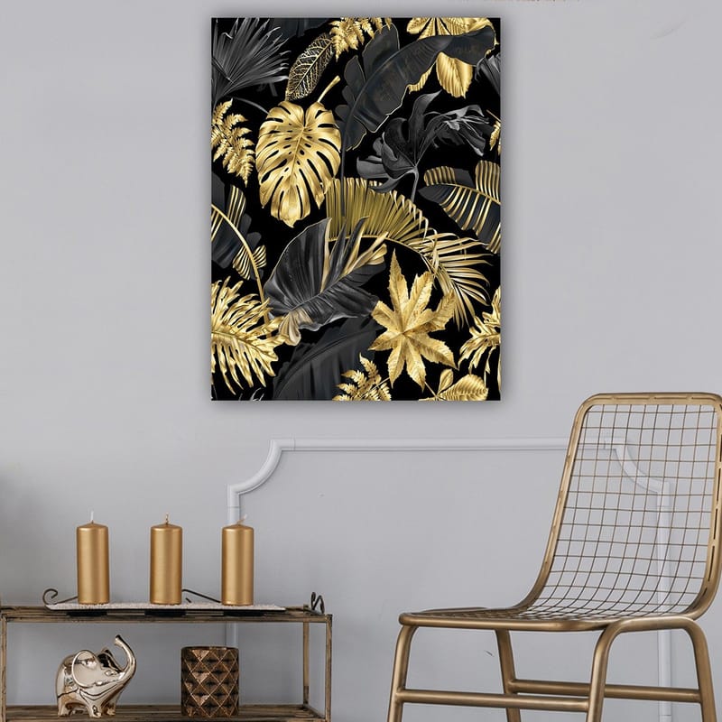 Canvastavla 70x100 cm - Ett stiliserat mönster av tropiska växter i guld och svart - Guld / Svart / Mörkgrön - Inredning & dekor - Tavlor & konst - Canvastavla