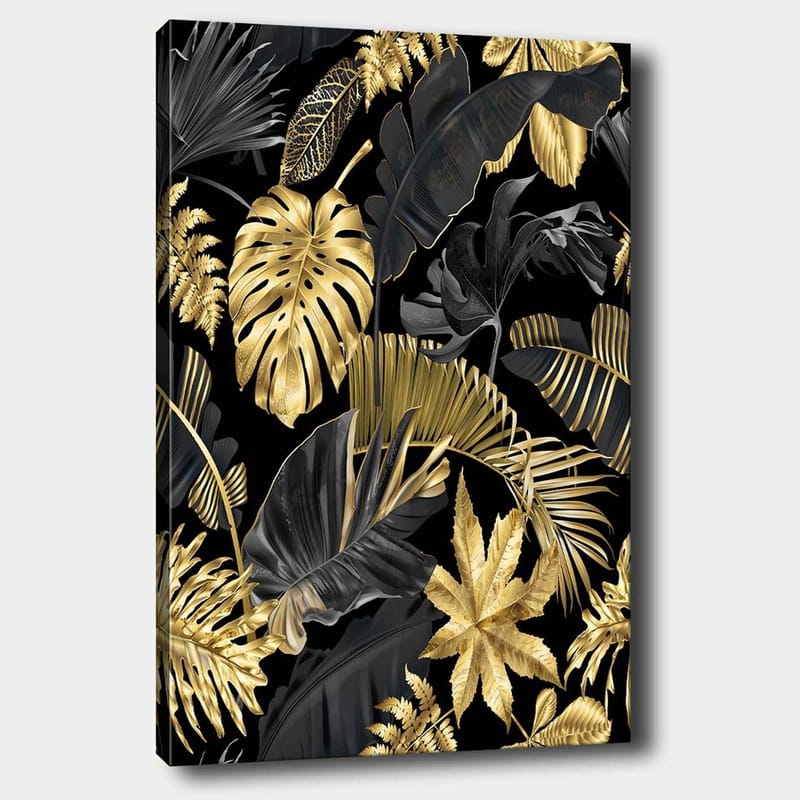 Canvastavla 70x100 cm - Ett stiliserat mönster av tropiska växter i guld och svart, Guld / Svart / Mörkgrön