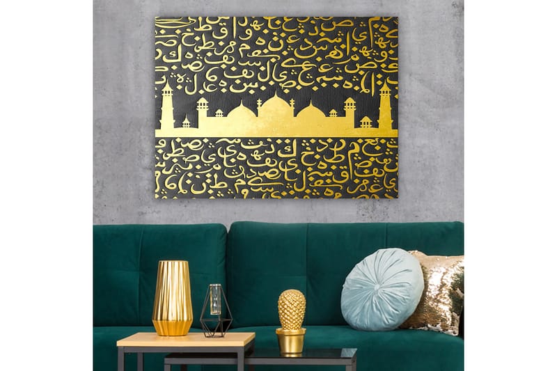 Canvastavla 70x100 cm - Ett stiliserat moskémotiv med arabisk skrift i guld mot en svart bakgrund - Guld / Svart - Inredning & dekor - Tavlor & konst - Canvastavla