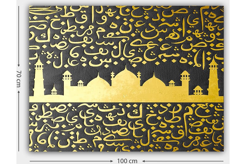 Canvastavla 70x100 cm - Ett stiliserat moskémotiv med arabisk skrift i guld mot en svart bakgrund - Guld / Svart - Inredning & dekor - Tavlor & konst - Canvastavla