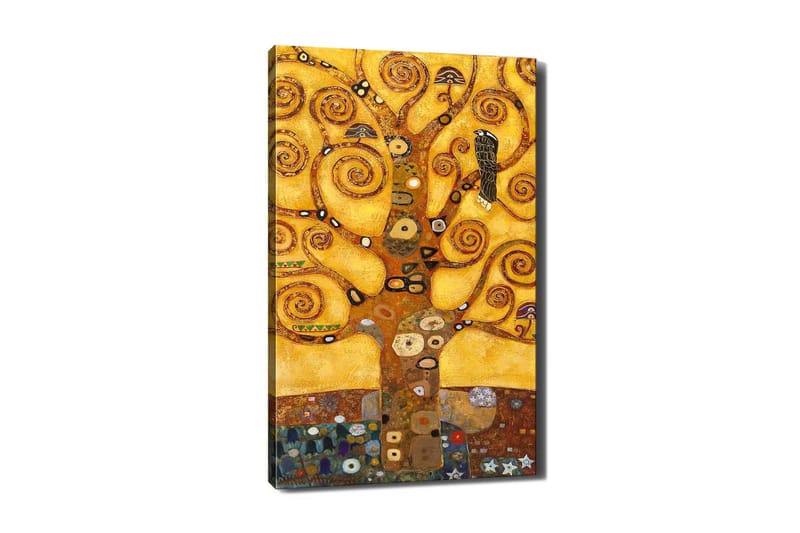 Canvastavla 70x100 cm - Ett stiliserat träd med snurriga grenar och en fågel, mot en gyllene bakgrund - Guld / Brun / Svart - Inredning & dekor - Tavlor & konst - Canvastavla