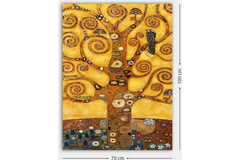 Canvastavla 70x100 cm - Ett stiliserat träd med snurriga grenar och en fågel, mot en gyllene bakgrund - Guld / Brun / Svart - Inredning & dekor - Tavlor & konst - Canvastavla