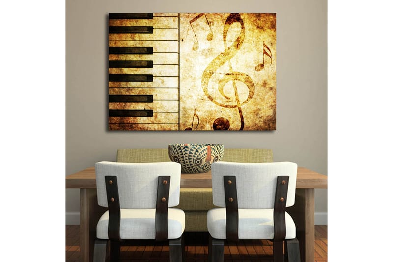Canvastavla 70x100 cm - Ett stiliserat pianoklaviatur med musiknoter i en vintage-inspirerad design - Guld / Brunt / Svart - Inredning & dekor - Tavlor & konst - Canvastavla