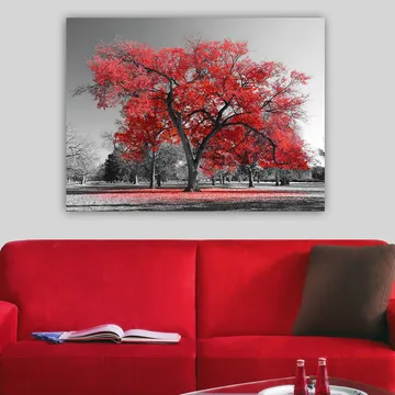Canvastavla 70x100 cm - Ett stort rött träd i en svartvit parklandskap - Röd / Svart - Inredning & dekor - Tavlor & konst - Canvastavla