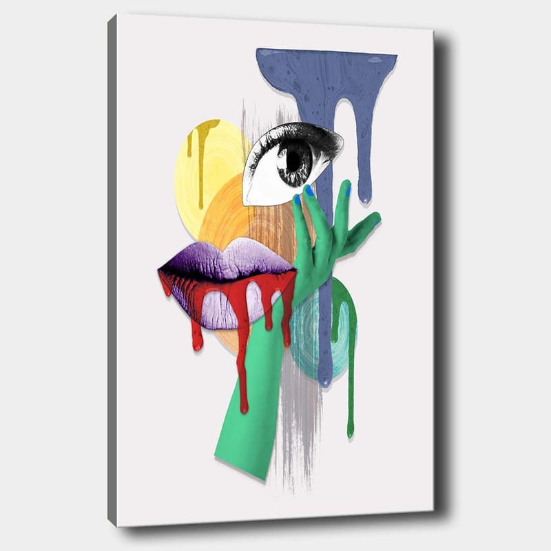 Canvastavla 70x100 cm - Ett surrealistiskt porträtt med en öga, läppar och en hand i livfulla färger - Grön / Lila / Röd - Inredning & dekor - Tavlor & konst - Canvastavla