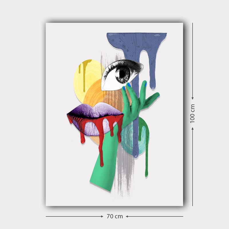 Canvastavla 70x100 cm - Ett surrealistiskt porträtt med en öga, läppar och en hand i livfulla färger - Grön / Lila / Röd - Inredning & dekor - Tavlor & konst - Canvastavla