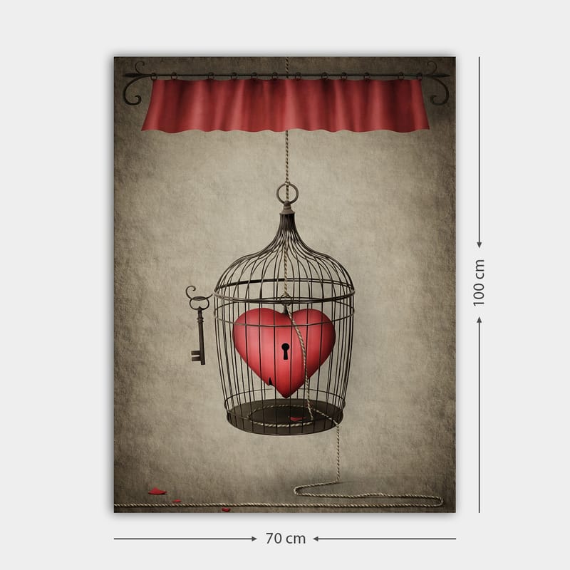 Canvastavla 70x100 cm - Fågelbur med ett rött hjärta inuti, hängande från en snodd - Röd / Svart / Grå - Inredning & dekor - Tavlor & konst - Canvastavla