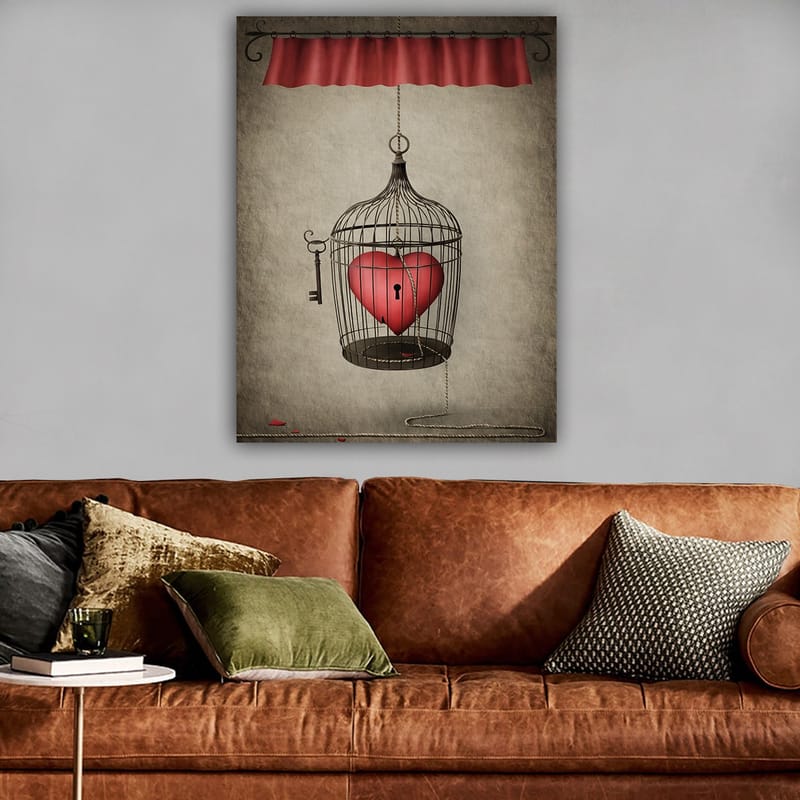 Canvastavla 70x100 cm - Fågelbur med ett rött hjärta inuti, hängande från en snodd - Röd / Svart / Grå - Inredning & dekor - Tavlor & konst - Canvastavla