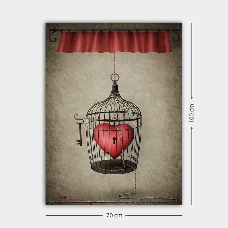 Canvastavla 70x100 cm - Fågelbur med ett rött hjärta inuti, hängande från en snodd - Röd / Svart / Grå - Inredning & dekor - Tavlor & konst - Canvastavla