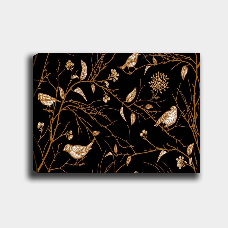 Canvastavla 70x100 cm - Fåglar och grenar i en elegant design mot en svart bakgrund - Guld / Svart - Inredning & dekor - Tavlor & konst - Canvastavla