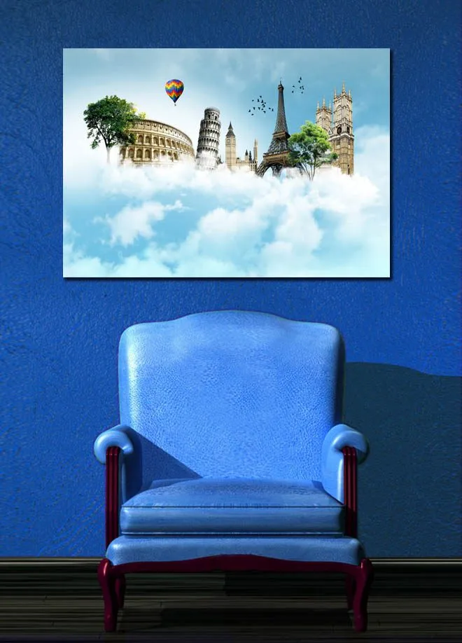 Canvastavla 70x100 cm - Fantasifull landskap med kända byggnader svävande bland moln - Blå / Grön / Vit - Inredning & dekor - Tavlor & konst - Canvastavla