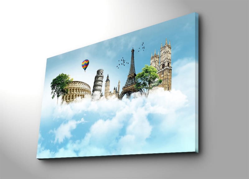 Canvastavla 70x100 cm - Fantasifull landskap med kända byggnader svävande bland moln - Blå / Grön / Vit - Inredning & dekor - Tavlor & konst - Canvastavla