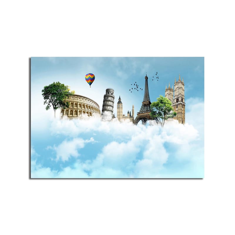 Canvastavla 70x100 cm - Fantasifull landskap med kända byggnader svävande bland moln - Blå / Grön / Vit - Inredning & dekor - Tavlor & konst - Canvastavla