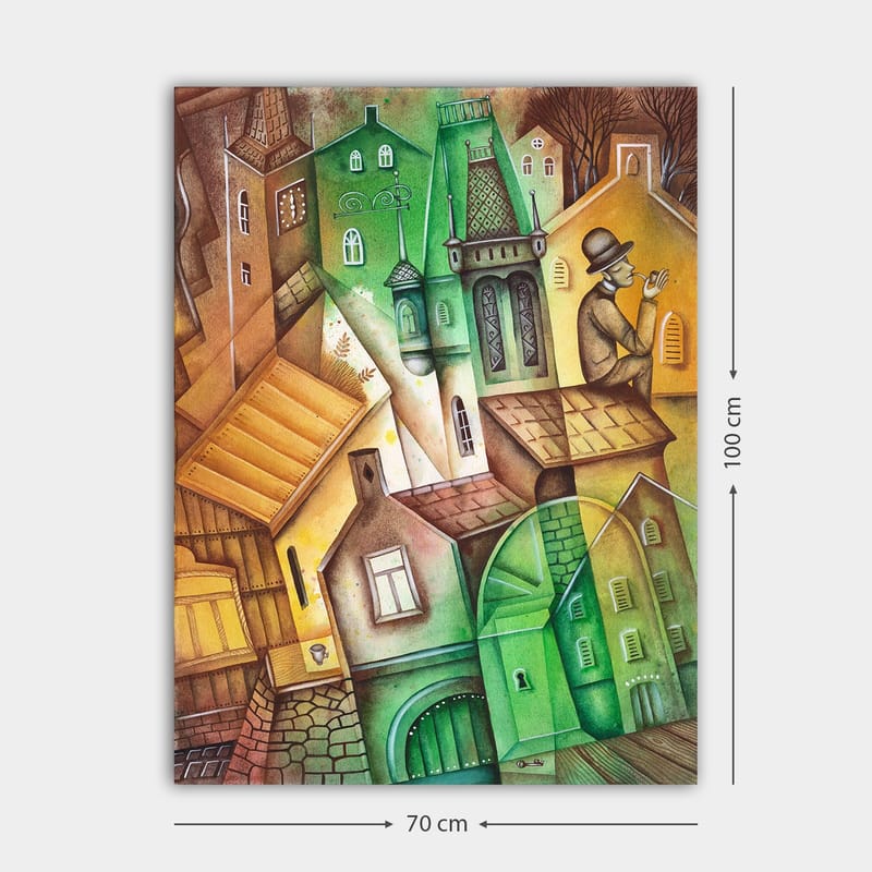 Canvastavla 70x100 cm - Fantasifull stadsbild med snedvridna hus och en man i hatt som står och betraktar omgivningen - Grön / Brun / Gul - Inredning & dekor - Tavlor & konst - Canvastavla