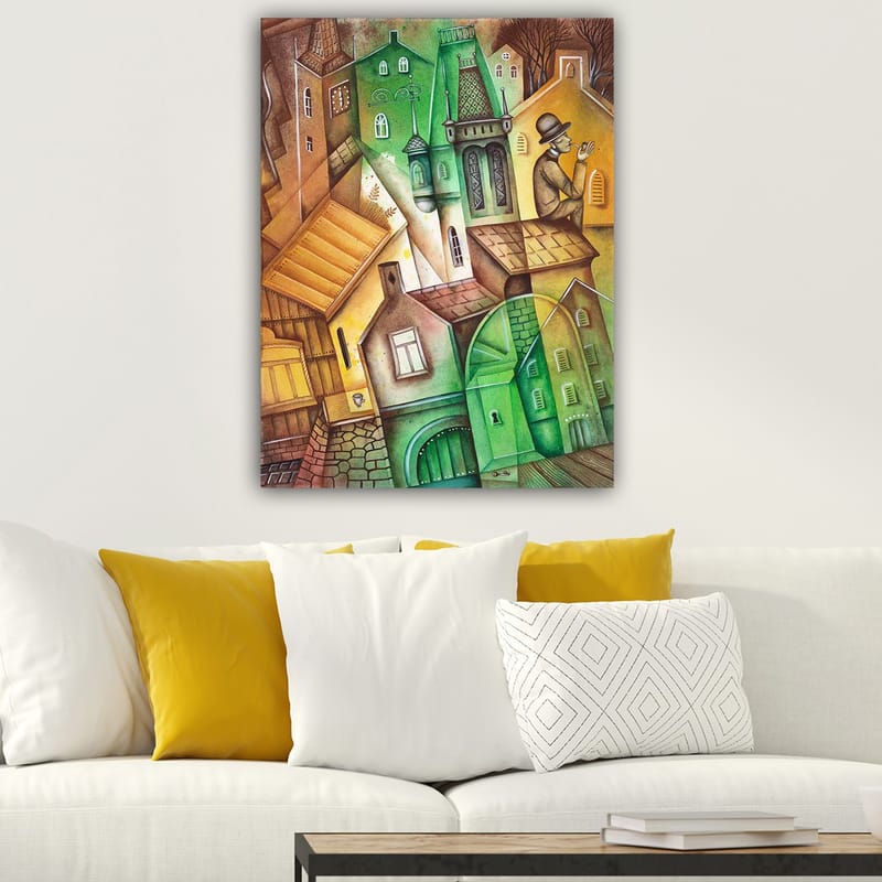 Canvastavla 70x100 cm - Fantasifull stadsbild med snedvridna hus och en man i hatt som står och betraktar omgivningen - Grön / Brun / Gul - Inredning & dekor - Tavlor & konst - Canvastavla