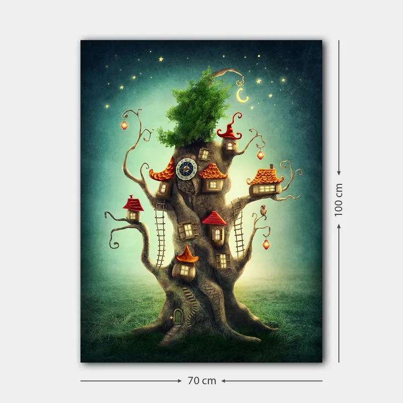 Canvastavla 70x100 cm - Fantasifull trädtavla med små hus och en grönskande krona - Brun / Grön / Röd - Inredning & dekor - Tavlor & konst - Canvastavla