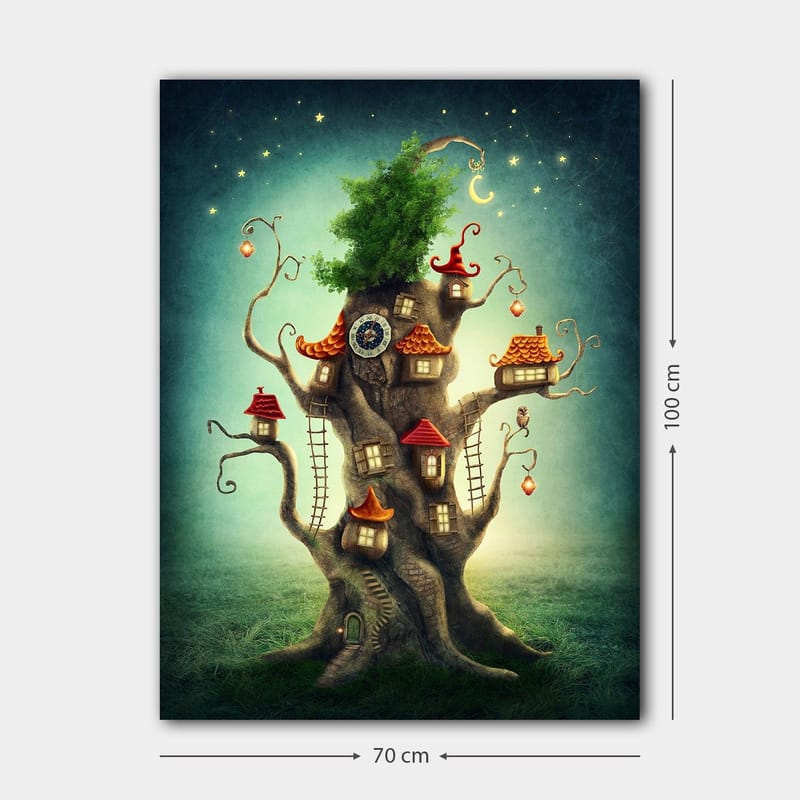Canvastavla 70x100 cm - Fantasifull trädtavla med små hus och en grönskande krona - Brun / Grön / Röd - Inredning & dekor - Tavlor & konst - Canvastavla
