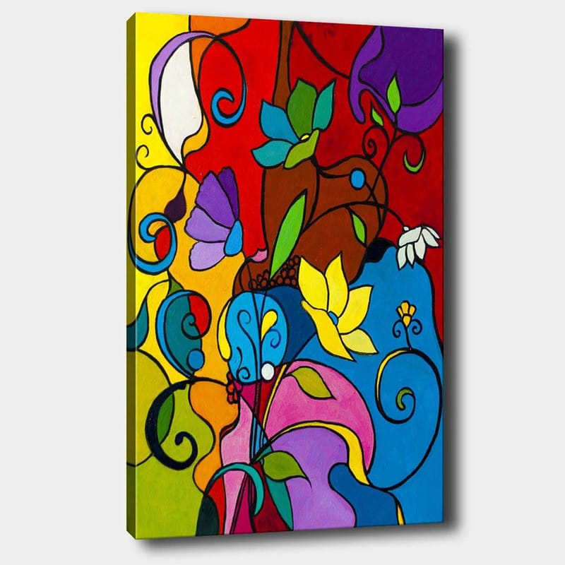 Canvastavla 70x100 cm - Färgglad abstrakt komposition med blommor och snirklar som skapar en livfull atmosfär - Röd / Blå / Gul - Inredning & dekor - Tavlor & konst - Canvastavla