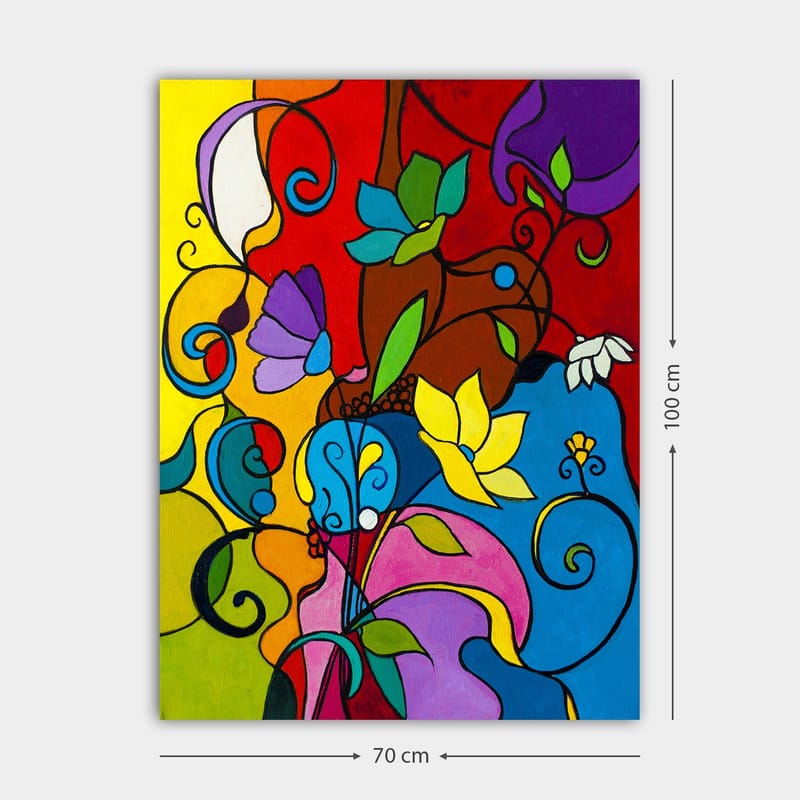 Canvastavla 70x100 cm - Färgglad abstrakt komposition med blommor och snirklar som skapar en livfull atmosfär - Röd / Blå / Gul - Inredning & dekor - Tavlor & konst - Canvastavla
