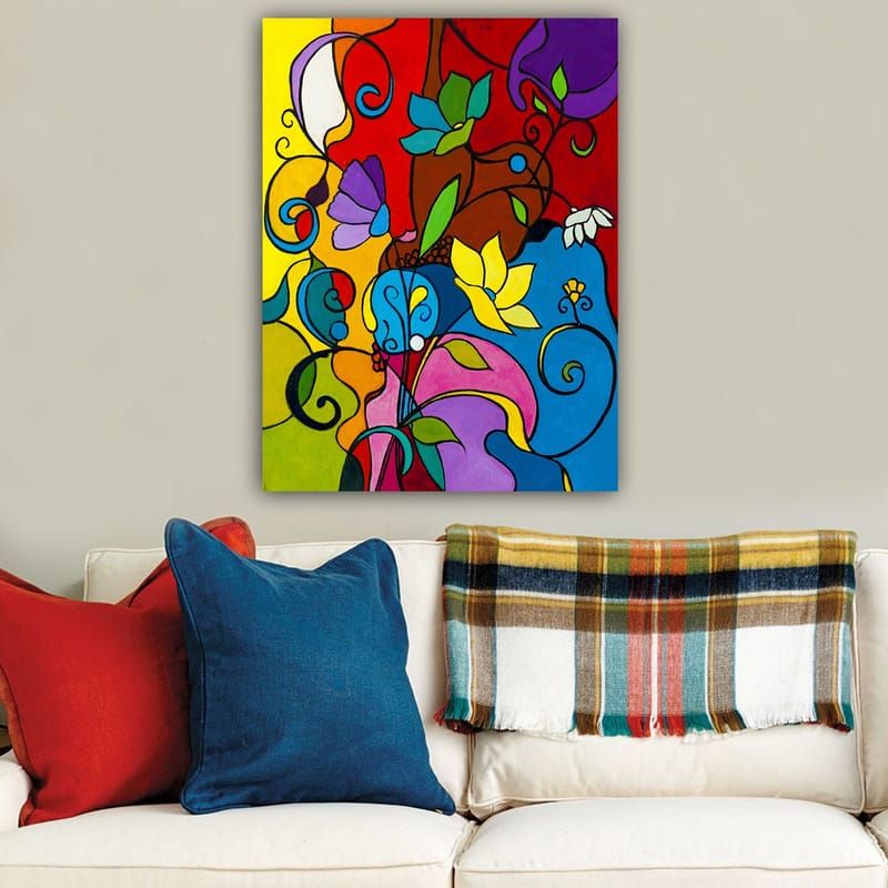 Canvastavla 70x100 cm - Färgglad abstrakt komposition med blommor och snirklar som skapar en livfull atmosfär - Röd / Blå / Gul - Inredning & dekor - Tavlor & konst - Canvastavla
