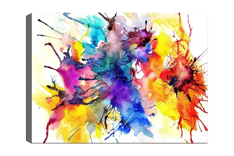 Canvastavla 70x100 cm - Färgglad abstrakt konst med sprutande akvarellfärger som skapar en dynamisk och livfull komposition, Blå / Röd / Gul