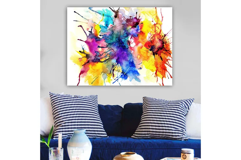Canvastavla 70x100 cm - Färgglad abstrakt konst med sprutande akvarellfärger som skapar en dynamisk och livfull komposition - Blå / Röd / Gul - Inredning & dekor - Tavlor & konst - Canvastavla