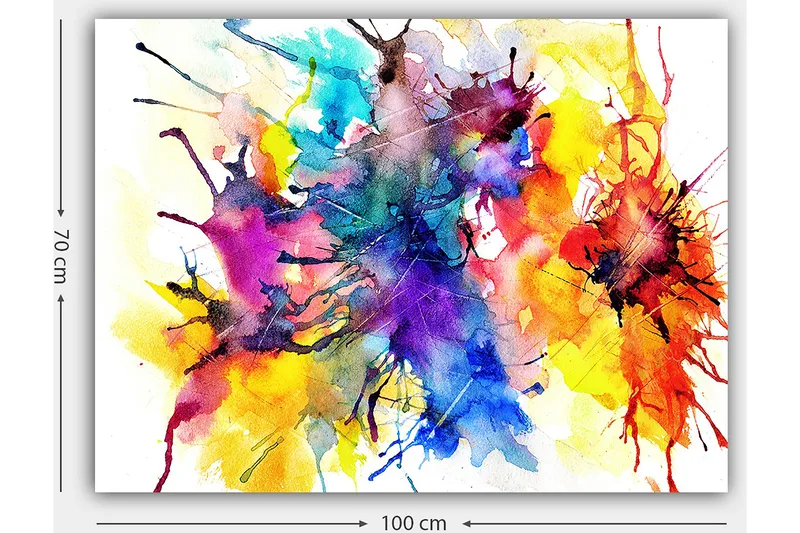 Canvastavla 70x100 cm - Färgglad abstrakt konst med sprutande akvarellfärger som skapar en dynamisk och livfull komposition - Blå / Röd / Gul - Inredning & dekor - Tavlor & konst - Canvastavla