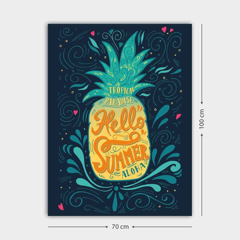 Canvastavla 70x100 cm - Färgglad ananas med texten Hello Summer som framhäver en tropisk känsla - Grön / Gul / Blå - Inredning & dekor - Tavlor & konst - Canvastavla